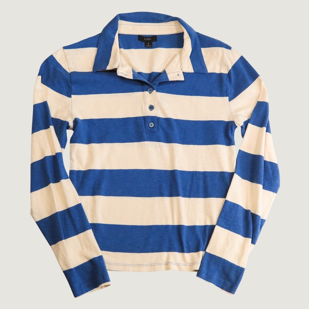 J.Crew Striped Rugby Polo Shirt Women Size S Blue Cream Long Sleeve Cotton Top